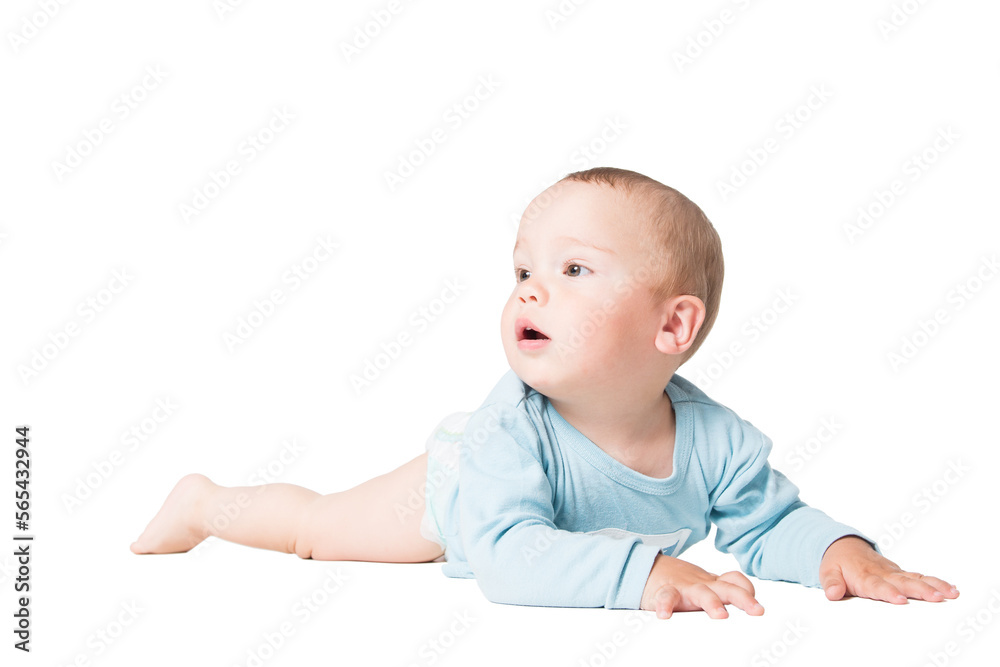 Small adorable one year old kid lying, isolated over white background Small adorable one year old kid lying, isolated over white background