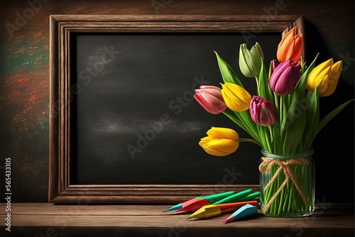  a vase of tulips and crayons are on a table next to a chalkboard and a framed picture of a chalkboard.  generative ai
