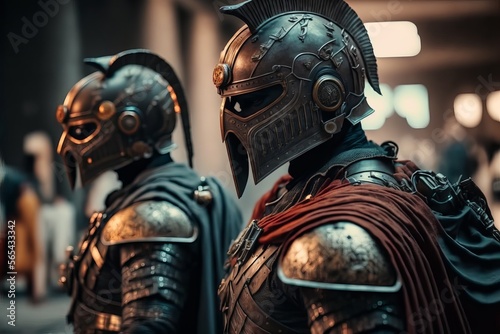 Rome Empire soldiers in futuristic masks. Generative AI 
