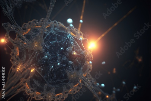  a computer generated image of a ball of light and bubbles in space with a black background and a yellow light shining through the center of the sphere.  generative ai