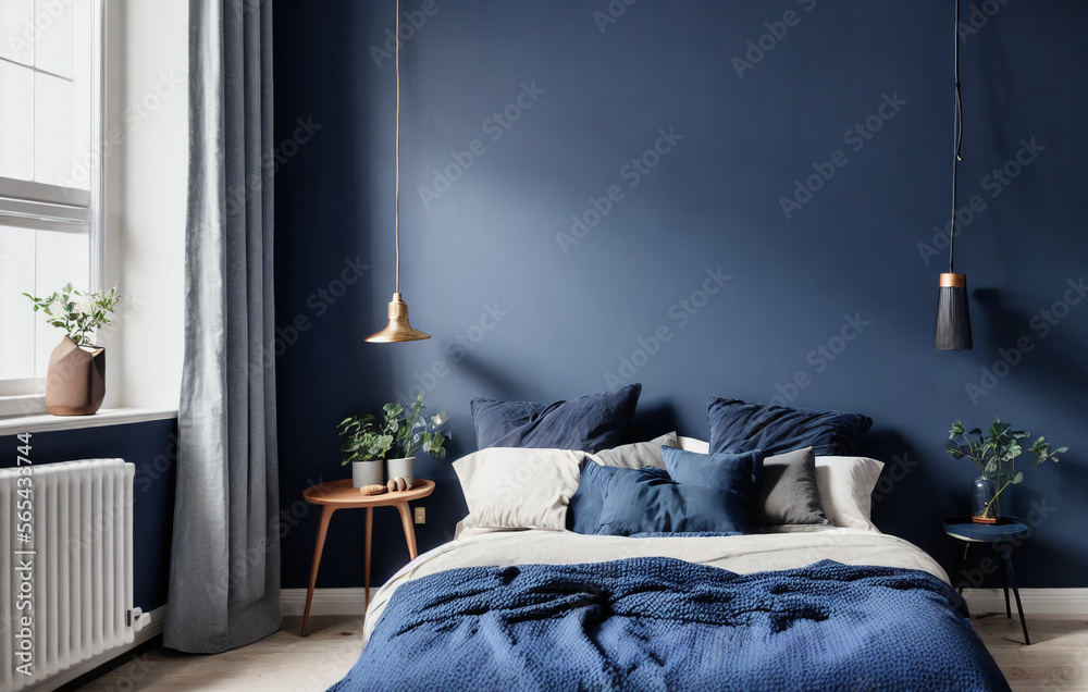 Dark bed and mockup dark blue wall in bedroom interior. Generative AI ...
