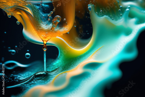 Abstract background. Swirling turquoise and yellow paint with air bubbles on a dark background. Generative AI. Art.