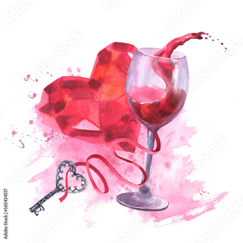 Watercolor illustration glass with red wine splash, heart diamond crystal in pink colored gemstone and key on ribbon, on pink watercolor background with splush. photo