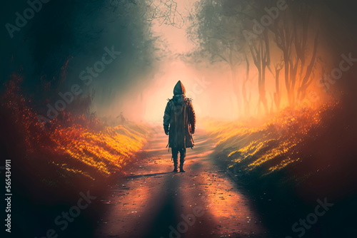 A hooded figure walking in the street on a foggy afternoon Generative AI