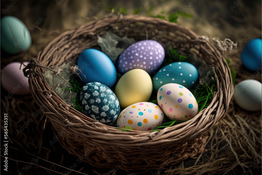 a basket filled with lots of colorful eggs on top of a table next to a plant and a wallpaper covered wall behind it,. generative ai a basket filled with lots of colorful eggs on top of a table next to a plant and a wallpaper covered wall behind it,. generative ai