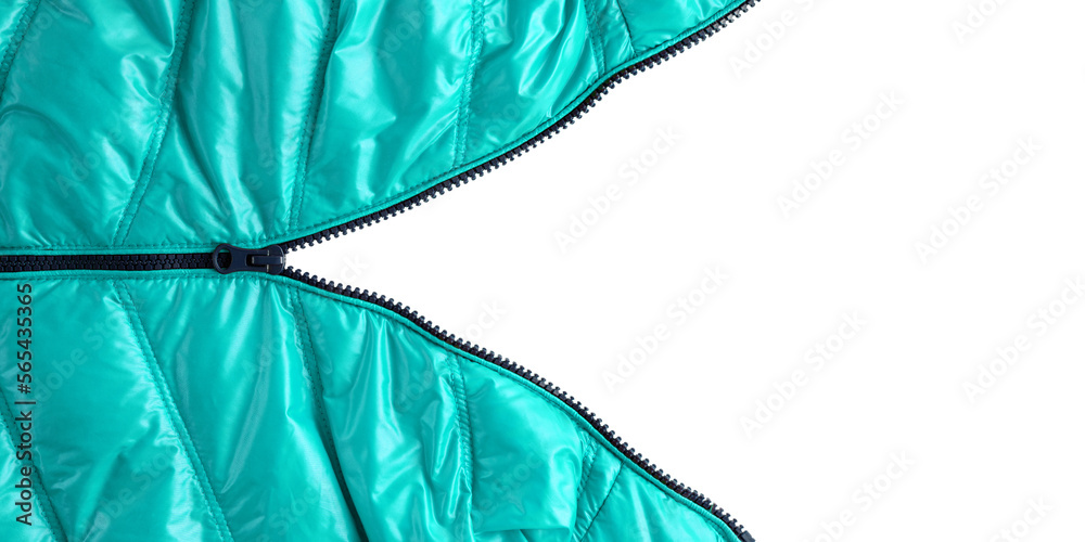 Open zipper on blue green winter down jacket isolated on white background with copy space