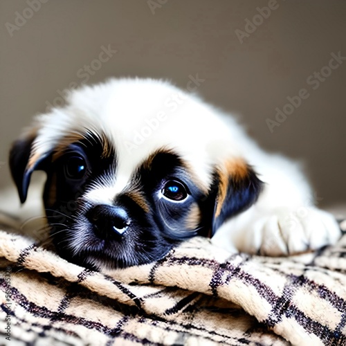 Cute little puppy lying on a white woolen blanket and looking into the camera © Raymond