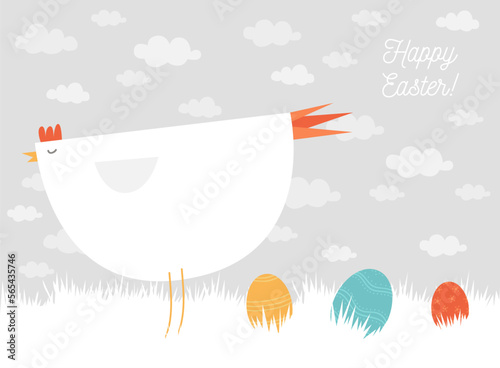 Easter greeting card. Illustration of the chicken and Easter eggs