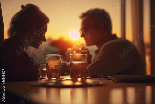  a man and a woman sitting at a table with drinks in front of them  looking at the sunset behind them  with a view of the city.  generative ai