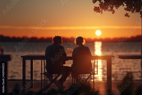  two people sitting at a table with a sunset in the background and a lake in the foreground with a boat in the distance, and a person sitting at a table with a drink. generative ai