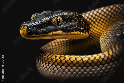  a yellow and black snake with a black background and a black background with a black background and a yellow and black snake with a black background. generative ai