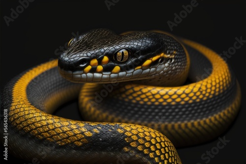  a black and yellow snake with yellow stripes on its head and neck, with a black background and a black background with a yellow stripe. generative ai