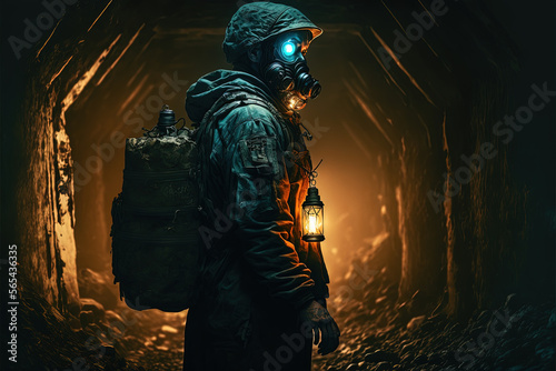 Soldier with gasmask in tombs, Cinematic, illustration digital, AI Generated art