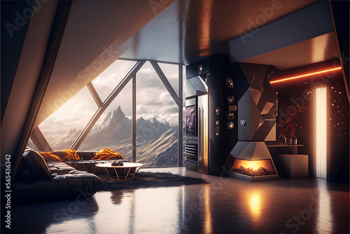 Futuristic apartment penthouse interior with modern design. Desinged using Generative AI. 