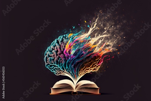  a book with a brain on top of it and a book open to reveal a book with a colorful brain on top of it, on a dark background. generative ai