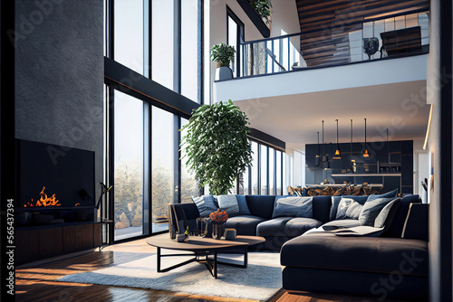 Modern interior of a living room. Penthouse loft with huge windows. Designed using generative ai. 