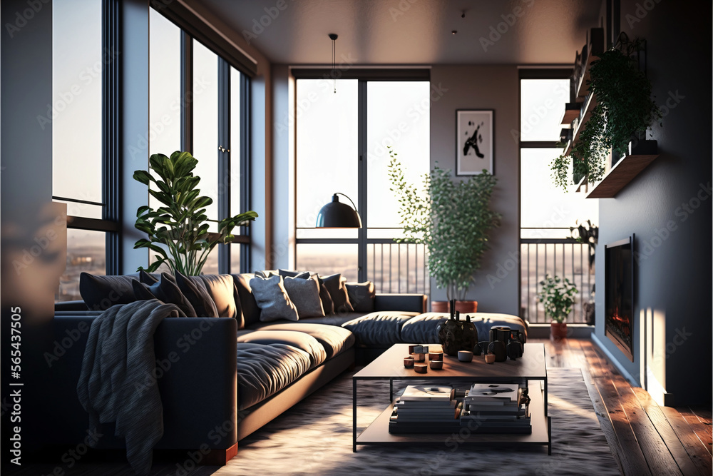 Fototapeta premium Modern living room interior in a penthouse with huge windows. Designed using generative ai.