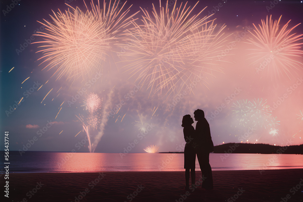 couple on the beach  on New Year's night with a starry sky with fireworks in the sky,Generative IA