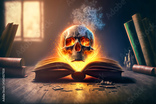 An open book, radiating mysterious magic and depicting a startling human skull. Perfect for showcasing deathly themes or ghosts. Warm, mystical light. photo
