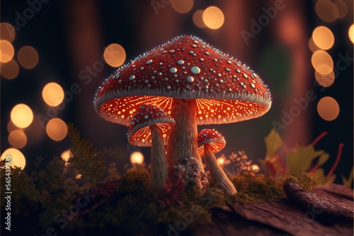  a mushroom with a light on it sitting on a mossy ground with a blurry background of lights and boke of lights behind it.  generative ai © Shanti