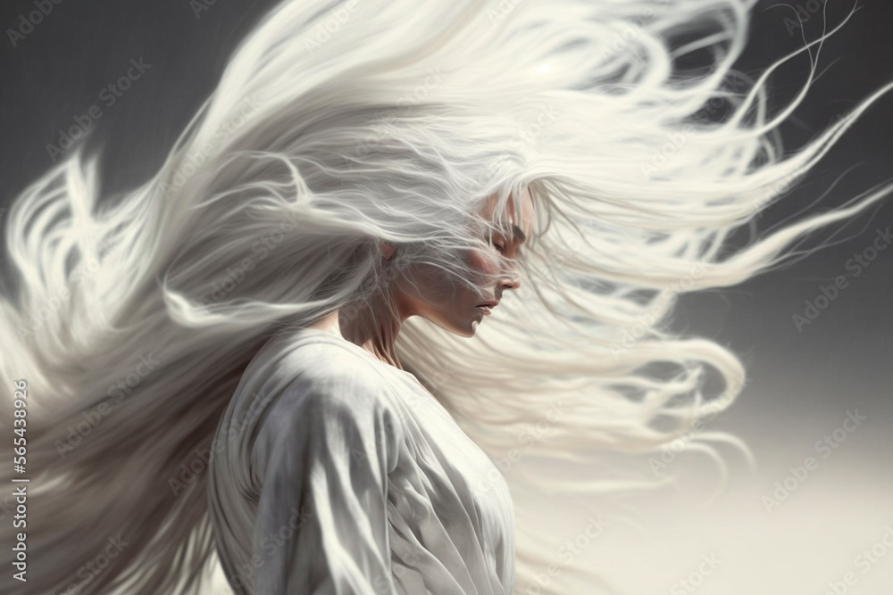 Close-up portrait of a beautiful woman with long white fluttering hair on a grey background, isolated - not based on a real person, Generative AI