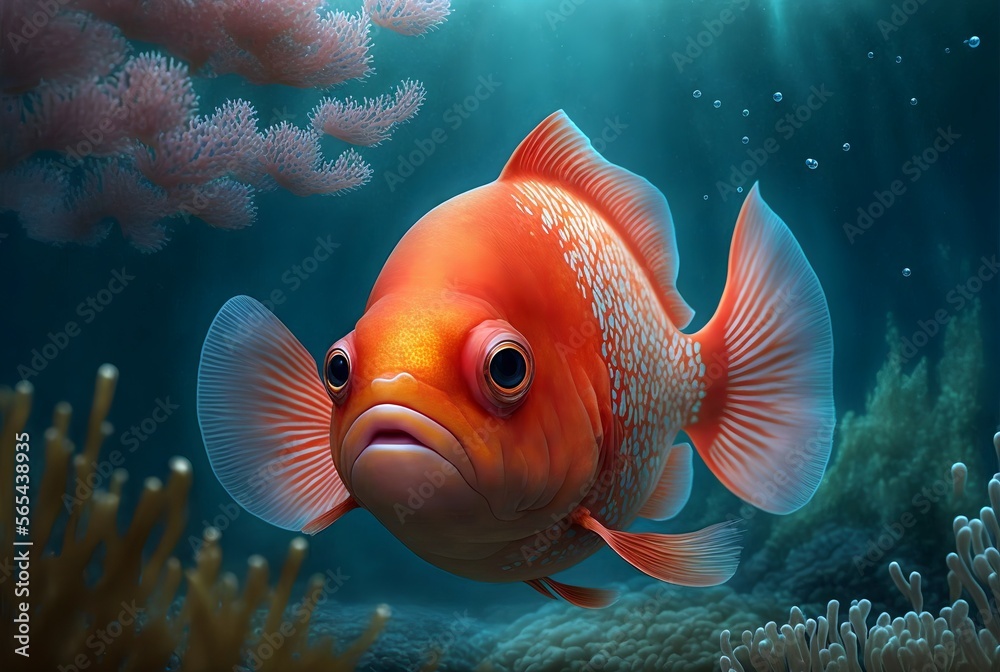 Realistic red fish with white spots close-up on the background of blue water corals and algae.Beautiful red fish on the sea background.AI generated. Realistic red fish with white spots close-up on the background of blue water corals and algae.Beautiful red fish on the sea background.AI generated.