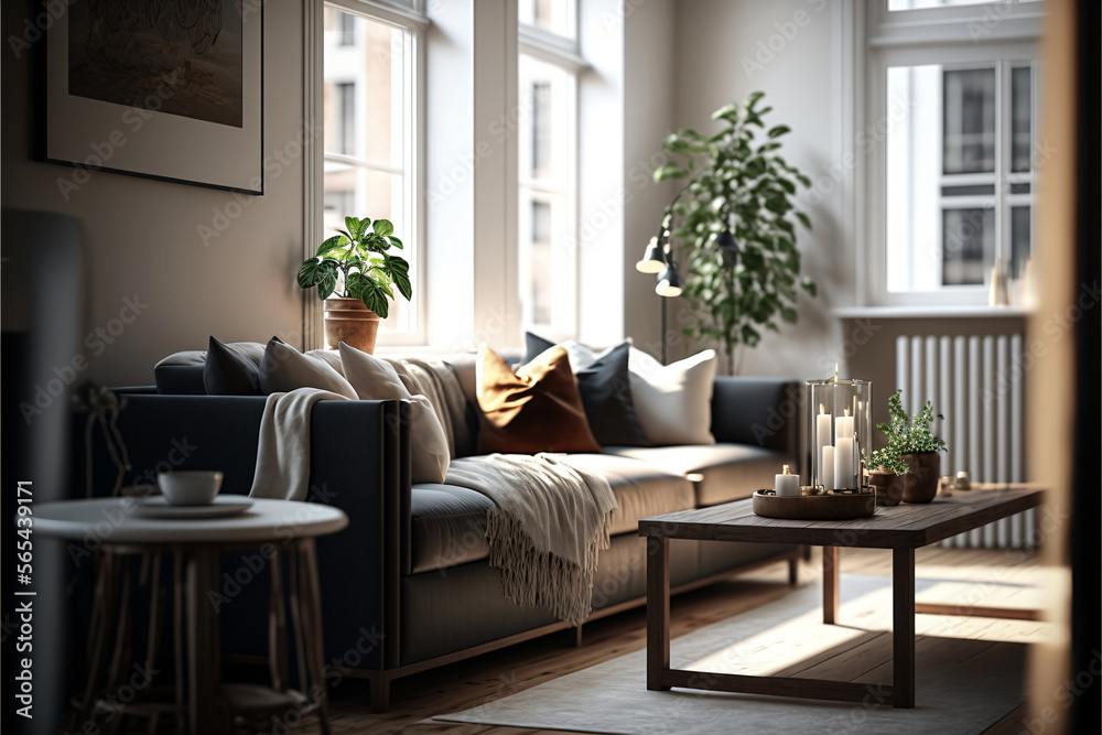 Modern living room interior in a minimalist design. Designed using Generative AI.