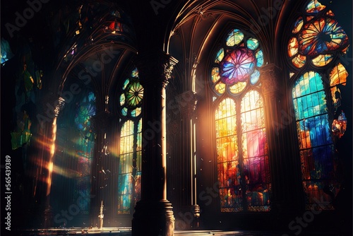  a large cathedral with stained glass windows and a clock tower in the center of the room with a light coming through the windows on the floor. generative ai