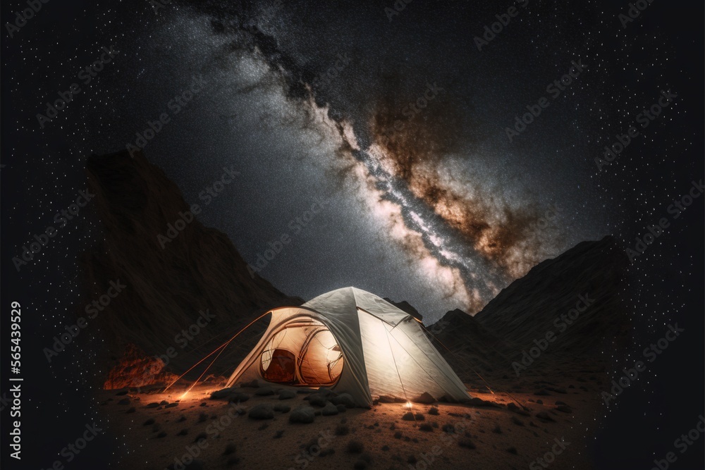 a tent is lit up in the desert with a view of the milky and a shooting ...