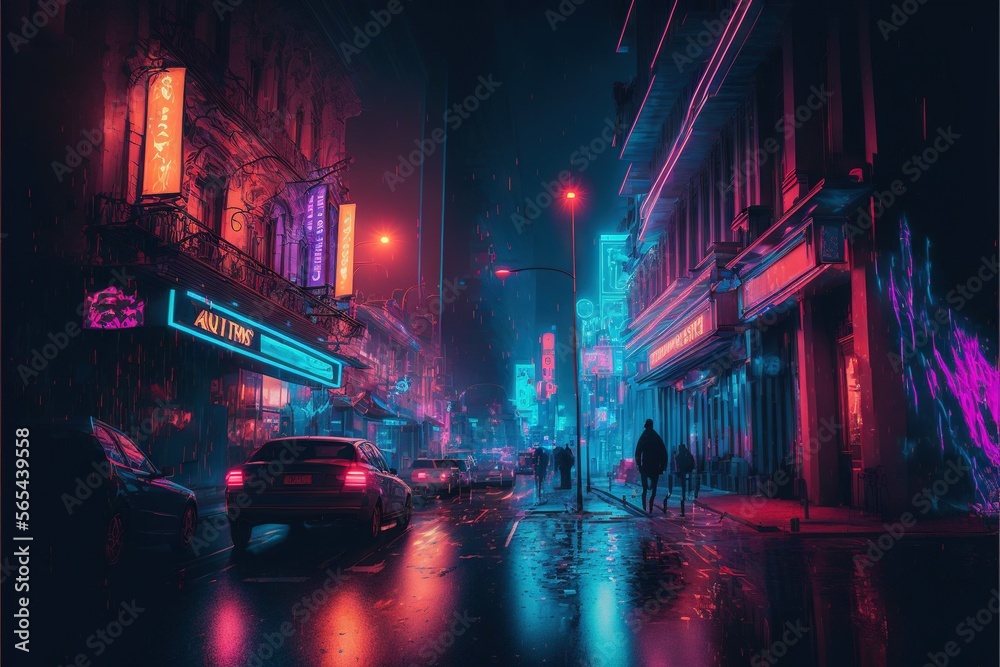  a city street at night with a person walking on the sidewalk and cars parked on the street in the rain and neon lights on the buildings.  generative ai