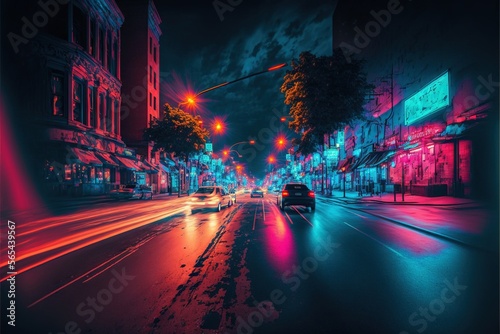  a city street with cars driving down it at night time with colorful lights on the buildings and street lights on the street and buildings on the street. generative ai