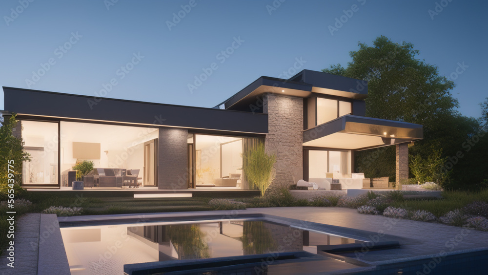 Fototapeta premium modern house in the suburbs, mansion, luxurious, in the middle of the environment, Generative AI