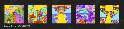 Retro psychedelic landscapes. Vintage hippie vector background