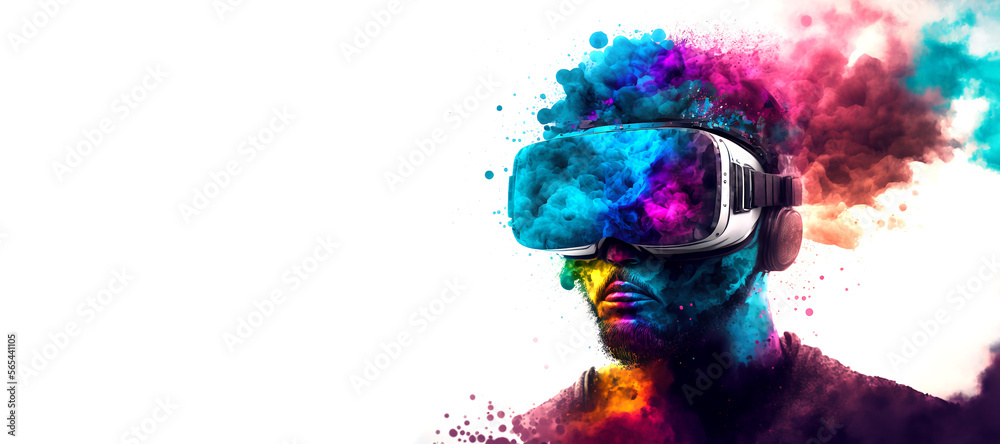 Abstract VR headset glasses portrait with colorful double exposure paint with Generative AI.
