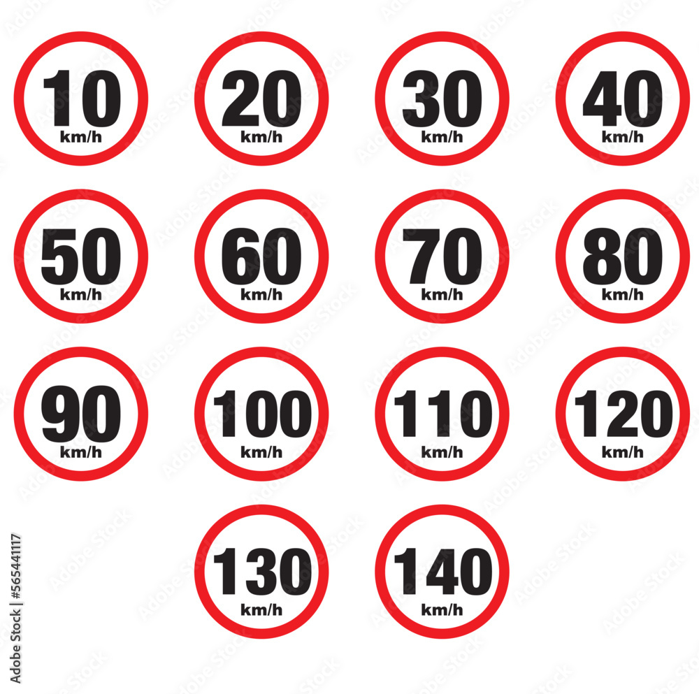 Collection of maximum speed limit signals 10, 20, 30, 40, 50, 60, 70, 80, 90, 100, 110, 120, 130, 140 km/h. Road signs icons isolated on white background Collection of maximum speed limit signals 10, 20, 30, 40, 50, 60, 70, 80, 90, 100, 110, 120, 130, 140 km/h. Road signs icons isolated on white background