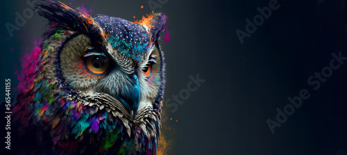Abstract animal Owl portrait with colorful double exposure paint with Generative AI. photo