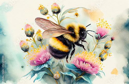 Watercolor painting of cute bumblebee flying in flowers Fototapet