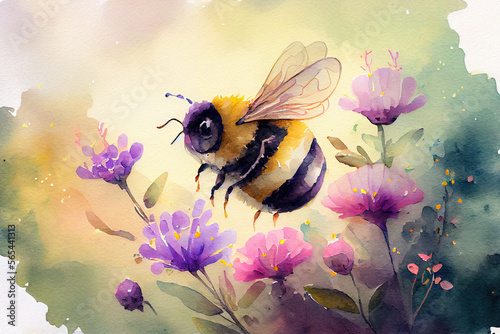 Watercolor painting of cute bumblebee flying in flowers Fototapet