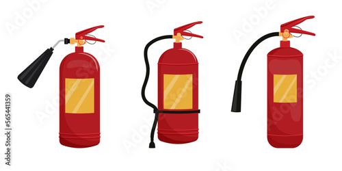 Set of different red fire extinguishers. Powder and carbon dioxide. Cartoon. Fire safety. Vector stock illustration. Fire alarm