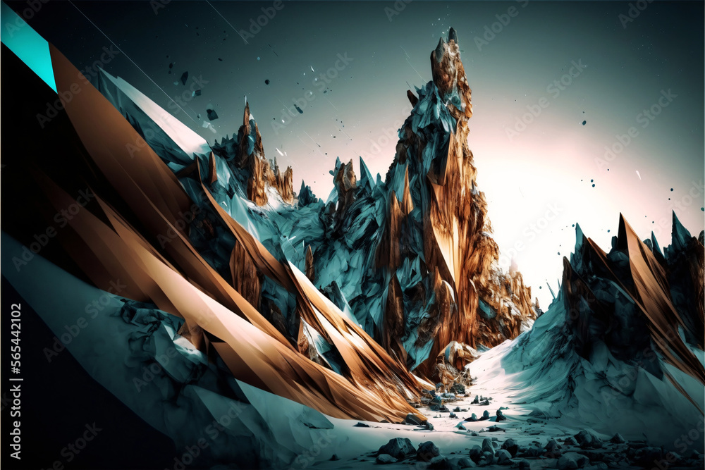 Abstract epic snow mountain landscape. Teal and brown color. Designed using generative ai.