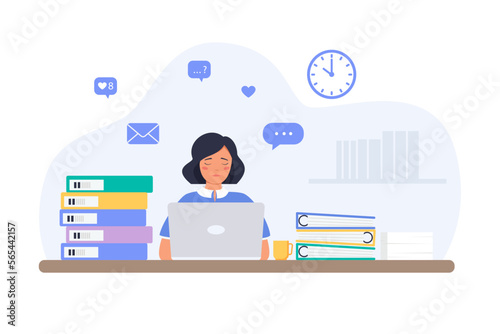 Unhappy stressed yong woman stay late at work with a lot of papers, piles of documents, computer. Office work, work load concept. Vector illustration in flat style.