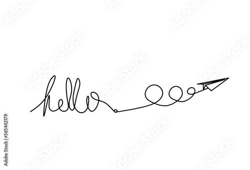 Calligraphic inscription of word "bonjour", "hello" with paper plane as continuous line drawing on white  background