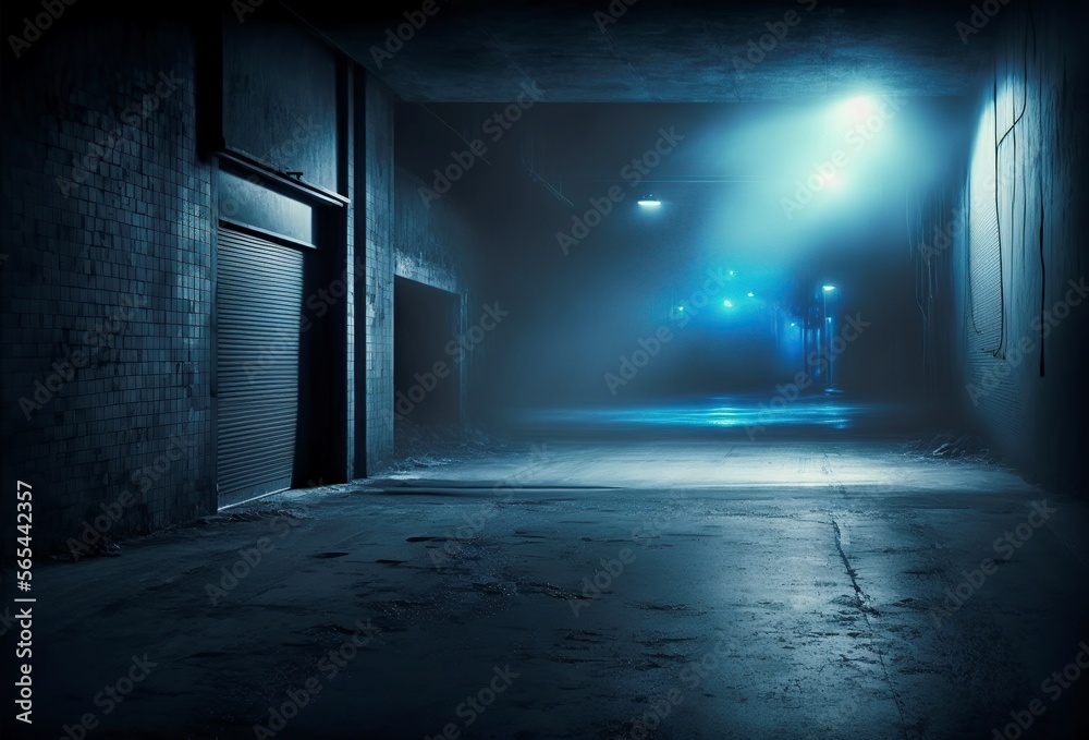 illustration, empty street with dark blue background, generative AI