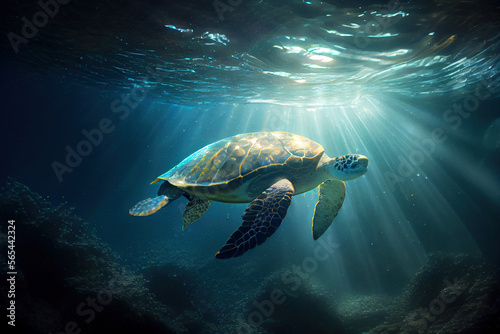 Sea turtle underwater at sea with sun rays. Digitally generated AI image