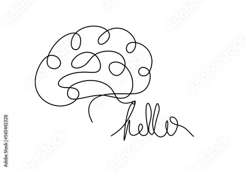 Calligraphic inscription of word "bonjour", "hello" with brain as continuous line drawing on white  background