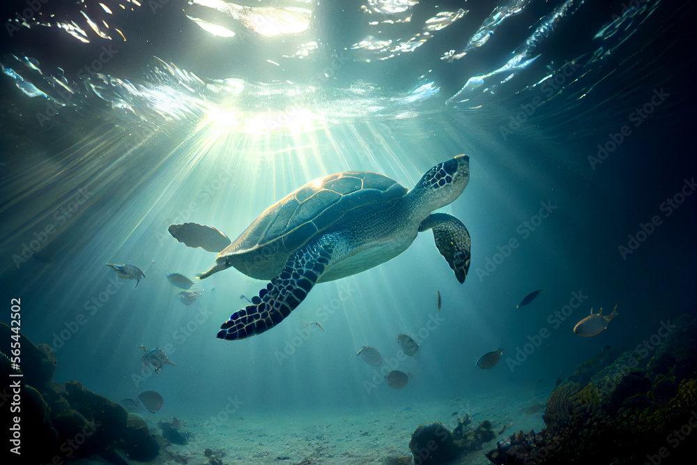 Sea turtle underwater at sea with sun rays.
Digitally generated AI image