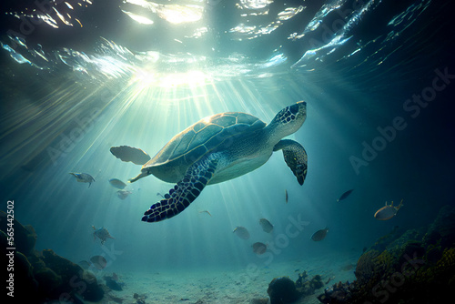Sea turtle underwater at sea with sun rays. Digitally generated AI image © 0livia