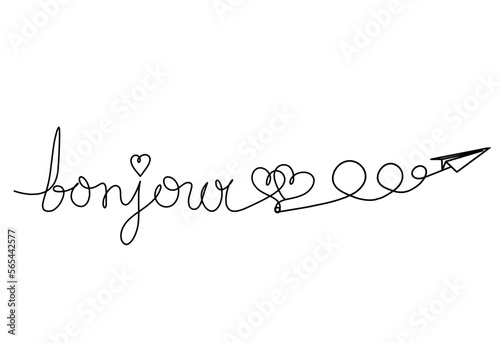 Calligraphic inscription of word "bonjour", "hello" with paper plane as continuous line drawing on white background