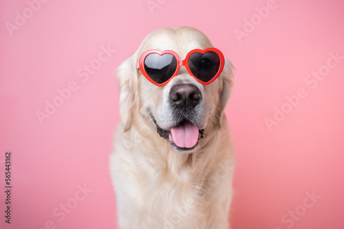 Fotografia A beautiful dog with heart-shaped glasses sits on a pink background