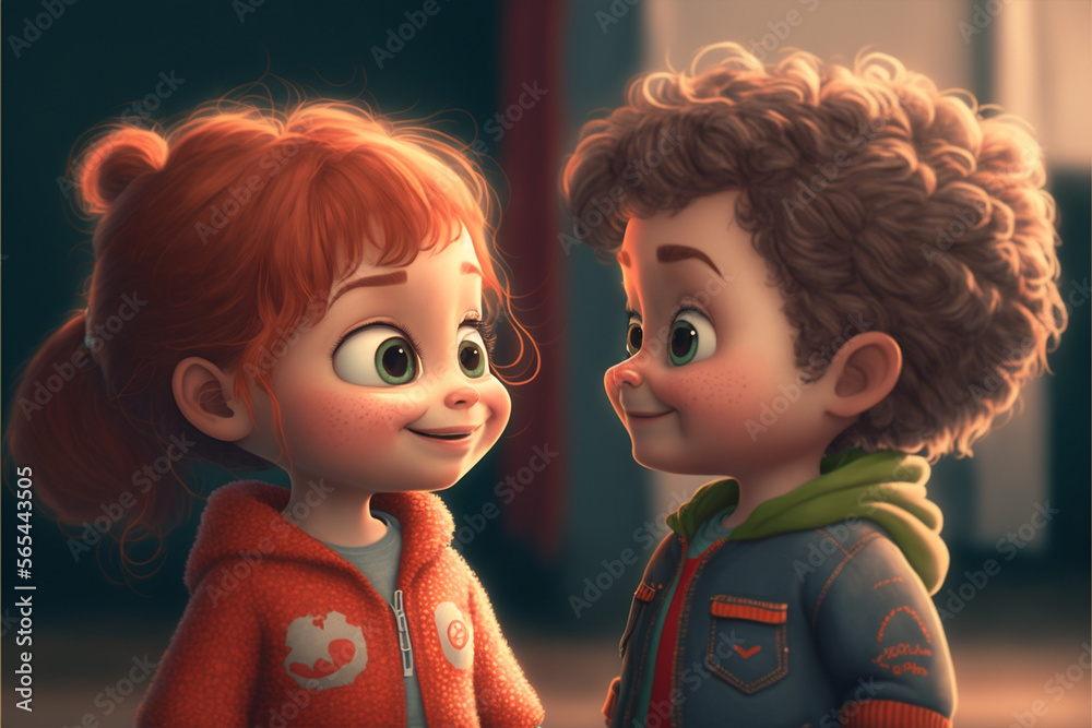 two little kids are smiling, 3d, cartoon style illustration. two little kids are smiling, 3d, cartoon style illustration.